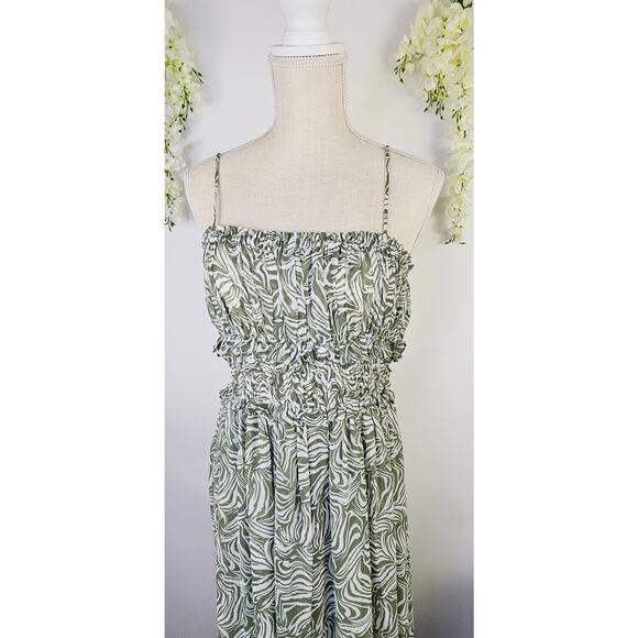 En Saison Sole Abstract Green Smock Midi Dress Size Large Cottage BOHO Milkmaid - Picture 8 of 16